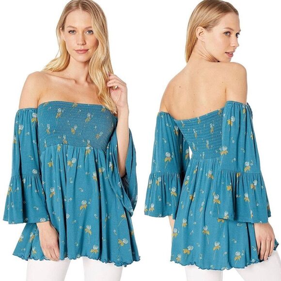 NWT Free People Lana Green Off Shoulder Tunic Top Medium - Picture 1 of 9